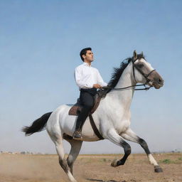 A young Iranian man, aged 25 and Muslim, dressed in a crisp white shirt and black pants as he confidently rides a strong horse under a clear sky.