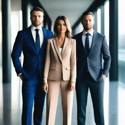 A beautiful woman standing between two successful men in suits