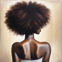 A polished oil-based painting depicting the rear view of a beautiful black woman with an afro