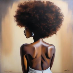 A polished oil-based painting depicting the rear view of a beautiful black woman with an afro