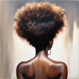 A polished oil-based painting depicting the rear view of a beautiful black woman with an afro