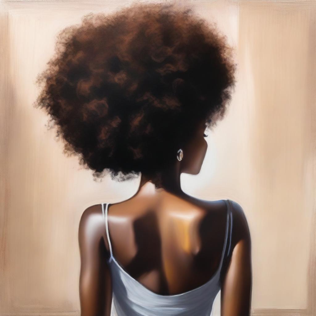 A polished oil-based painting depicting the rear view of a beautiful black woman with an afro