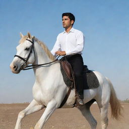 A young Iranian man, aged 25 and Muslim, dressed in a crisp white shirt and black pants as he confidently rides a strong horse under a clear sky.