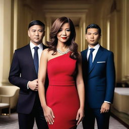 A woman in a short red dress standing between two successful men in suits