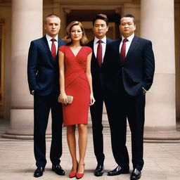 A woman in a short red dress standing between two successful men in suits