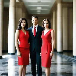 A woman in a short red dress standing between two successful men in suits