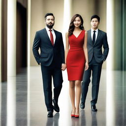 A woman in a short red dress standing between two successful men in suits