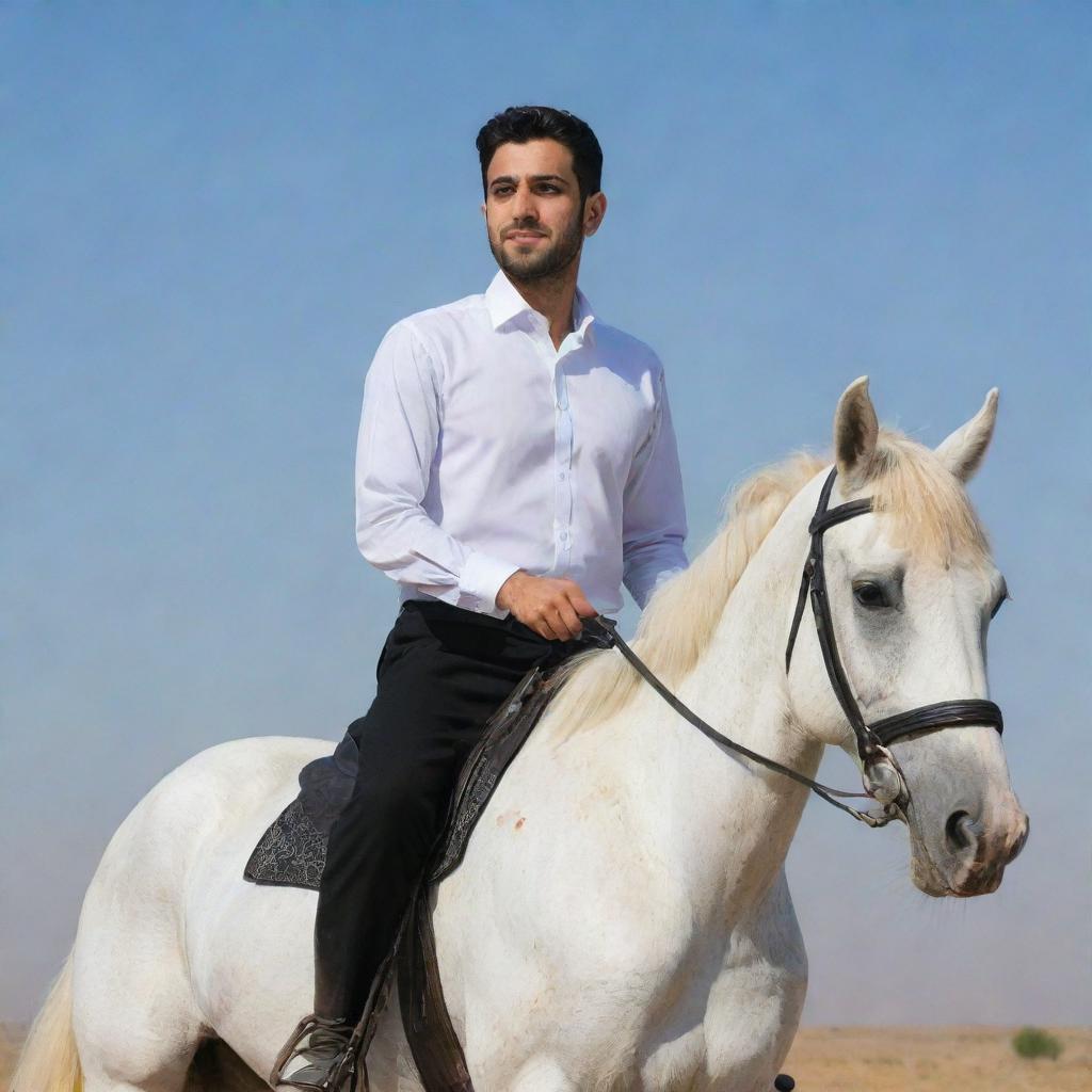 A young Iranian man, aged 25 and Muslim, dressed in a crisp white shirt and black pants as he confidently rides a strong horse under a clear sky.