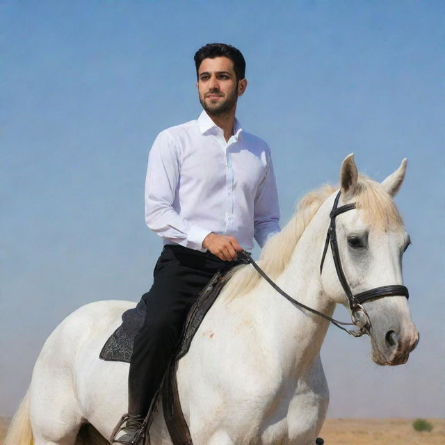 A young Iranian man, aged 25 and Muslim, dressed in a crisp white shirt and black pants as he confidently rides a strong horse under a clear sky.