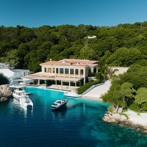 An opulent lifestyle of a billionaire featuring a luxury mansion, high-end cars, expensive fashion, private jet and mega yacht docked at a sunny private island.