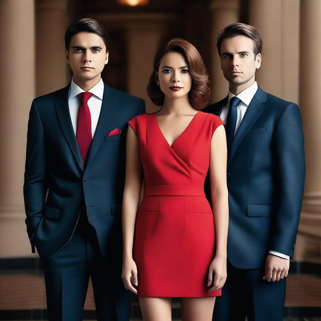 A woman in a short red dress standing between two successful men in suits