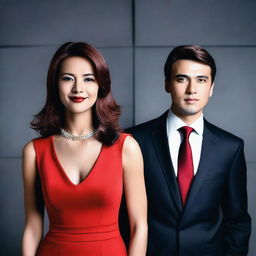 A woman in a short red dress standing between two successful men in suits