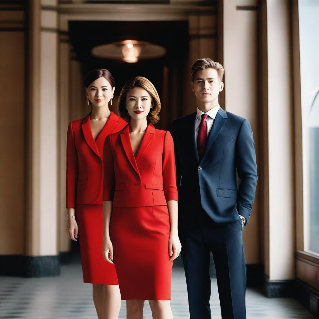 A woman in a short red dress standing between two successful men in suits