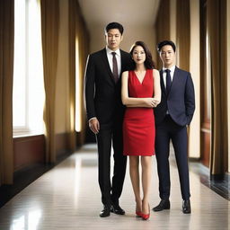 A woman in a short red dress standing between two successful men in suits