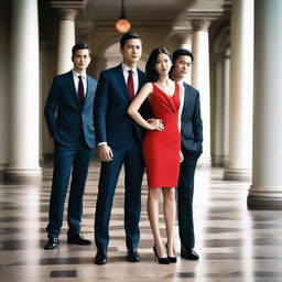 A woman in a short red dress standing between two successful men in suits