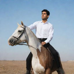 A young Iranian man, aged 25 and Muslim, dressed in a crisp white shirt and black pants as he confidently rides a strong horse under a clear sky.