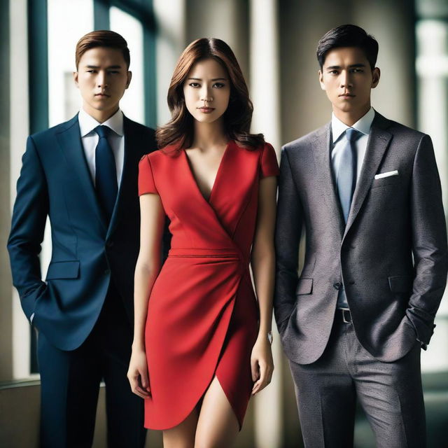 A young woman in a short red dress standing between two successful men in suits