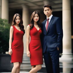 A young woman in a short red dress standing between two successful men in suits