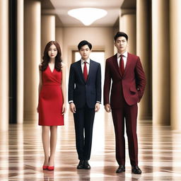 A young woman in a short red dress standing between two successful men in suits