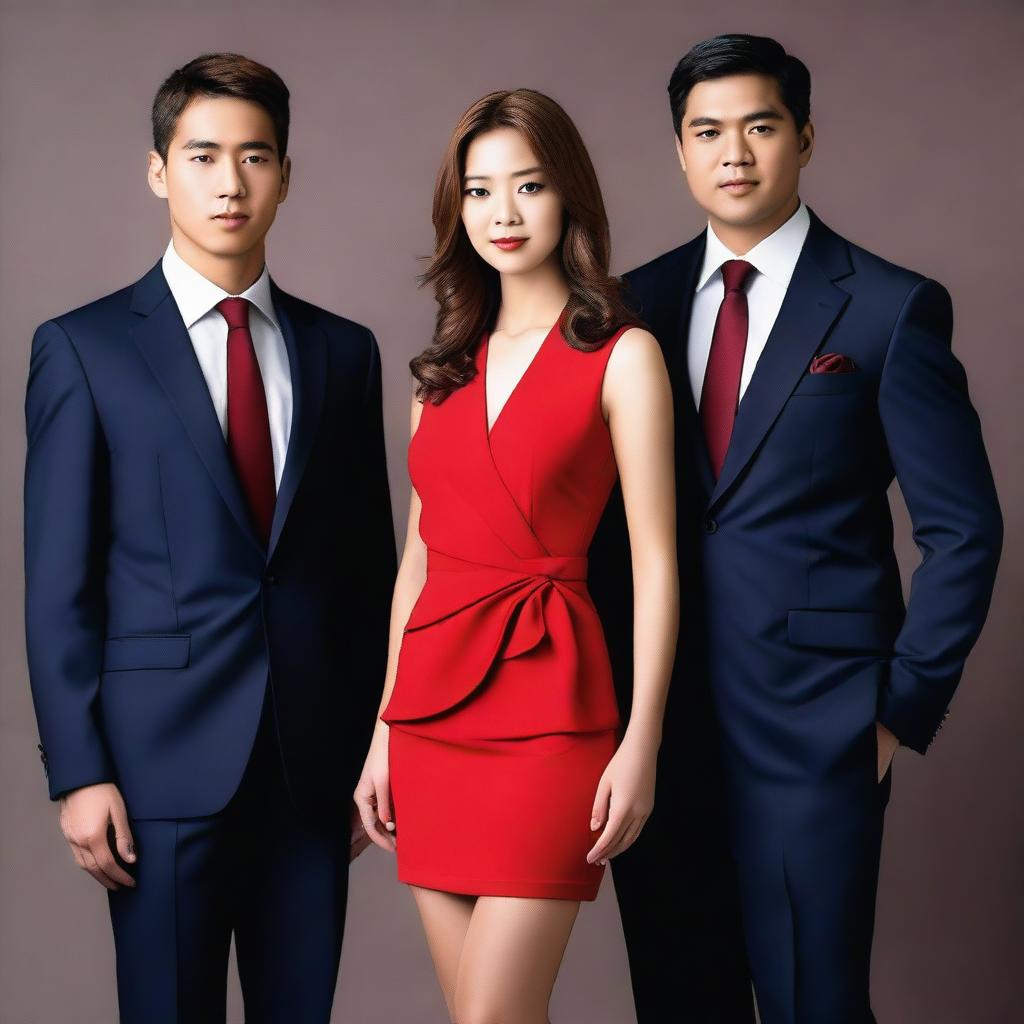 A young woman in a short red dress standing between two successful men in suits