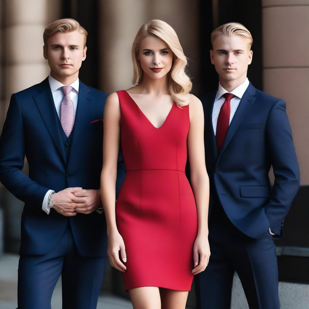 A young woman in a short red dress standing between two successful men in suits