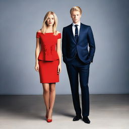 A young woman in a short red dress standing between two successful men in suits