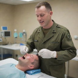 A uniformed soldier performing a dental procedure in a field hospital setting with medical tools at hand