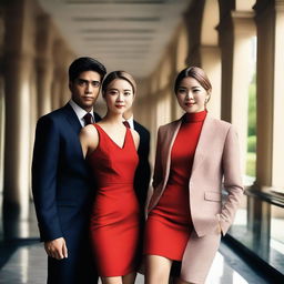 A young woman in a short red dress standing between two successful men in suits