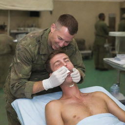 A uniformed soldier performing a dental procedure in a field hospital setting with medical tools at hand