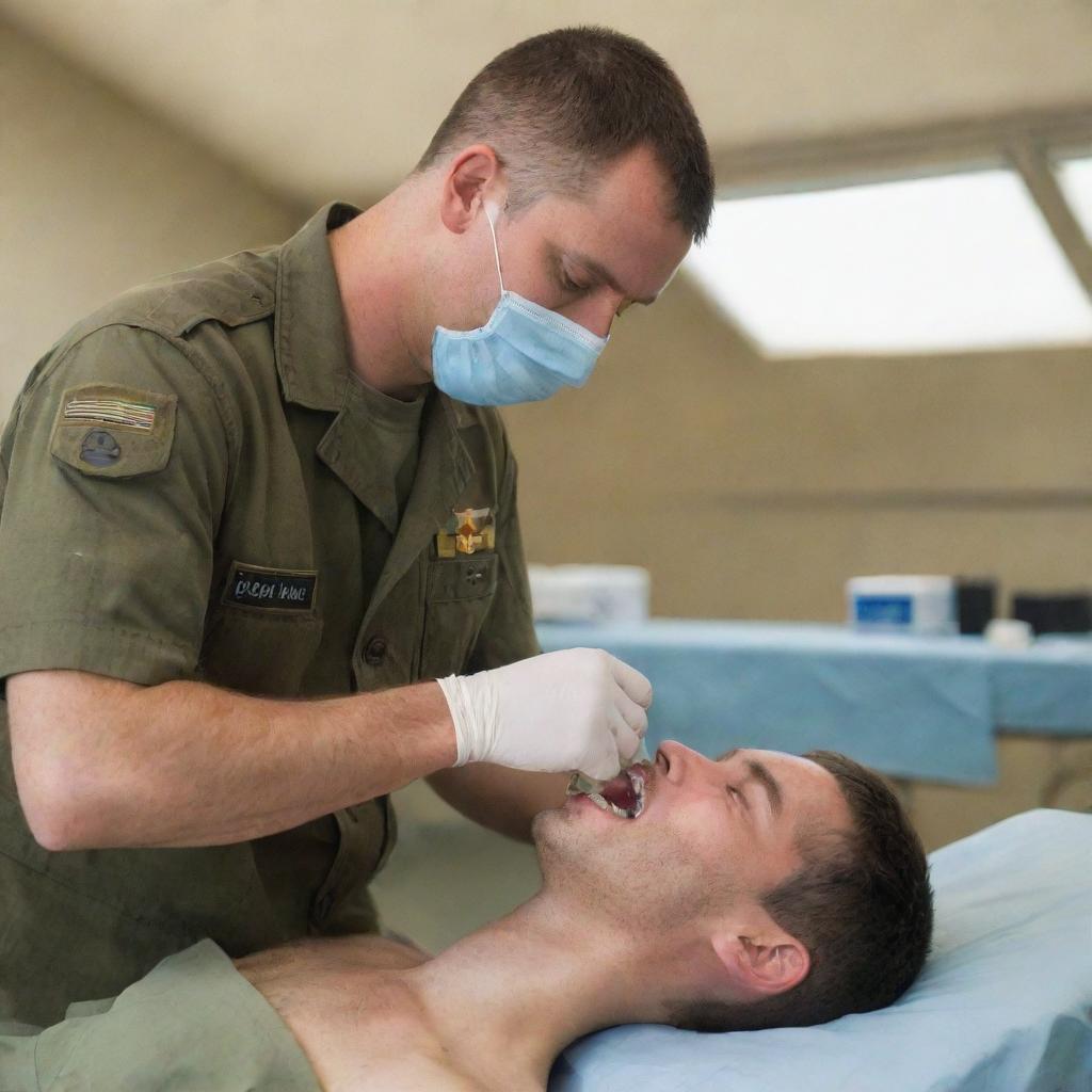 A uniformed soldier performing a dental procedure in a field hospital setting with medical tools at hand