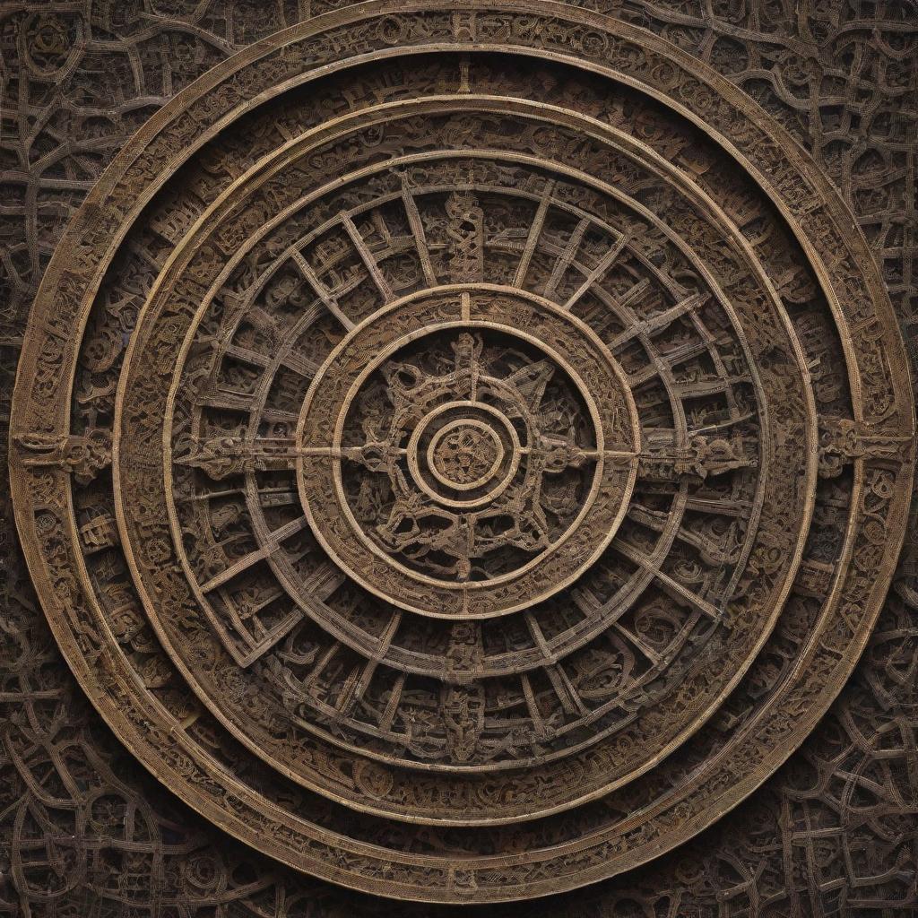 An abstract image of intricate and complex symbols layered on each other, each representing unique concepts.