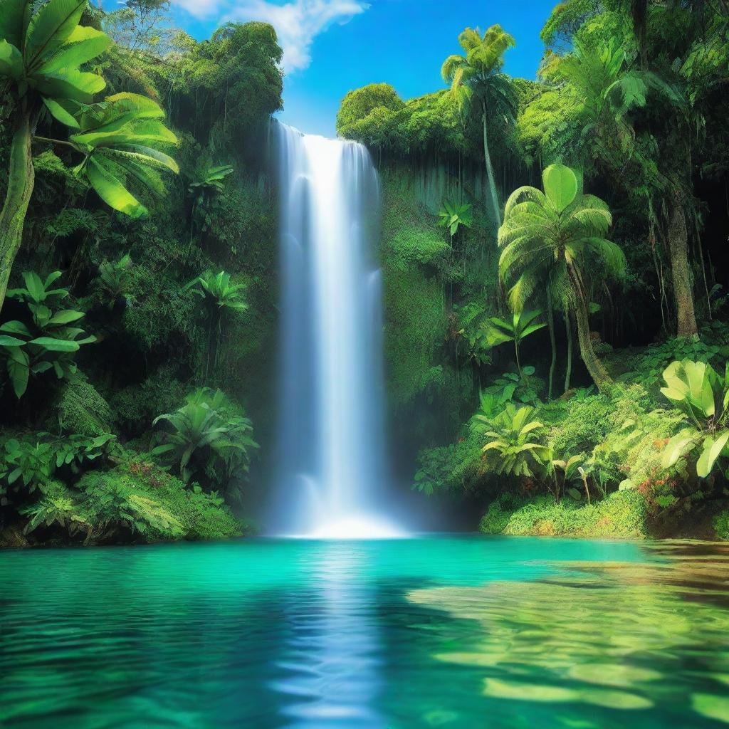 A tropical scene with a vibrant blue waterfall cascading from an isolated mountain