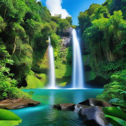 A tropical scene with a vibrant blue waterfall cascading from an isolated mountain