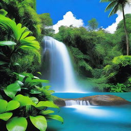 A tropical scene with a vibrant blue waterfall cascading from an isolated mountain