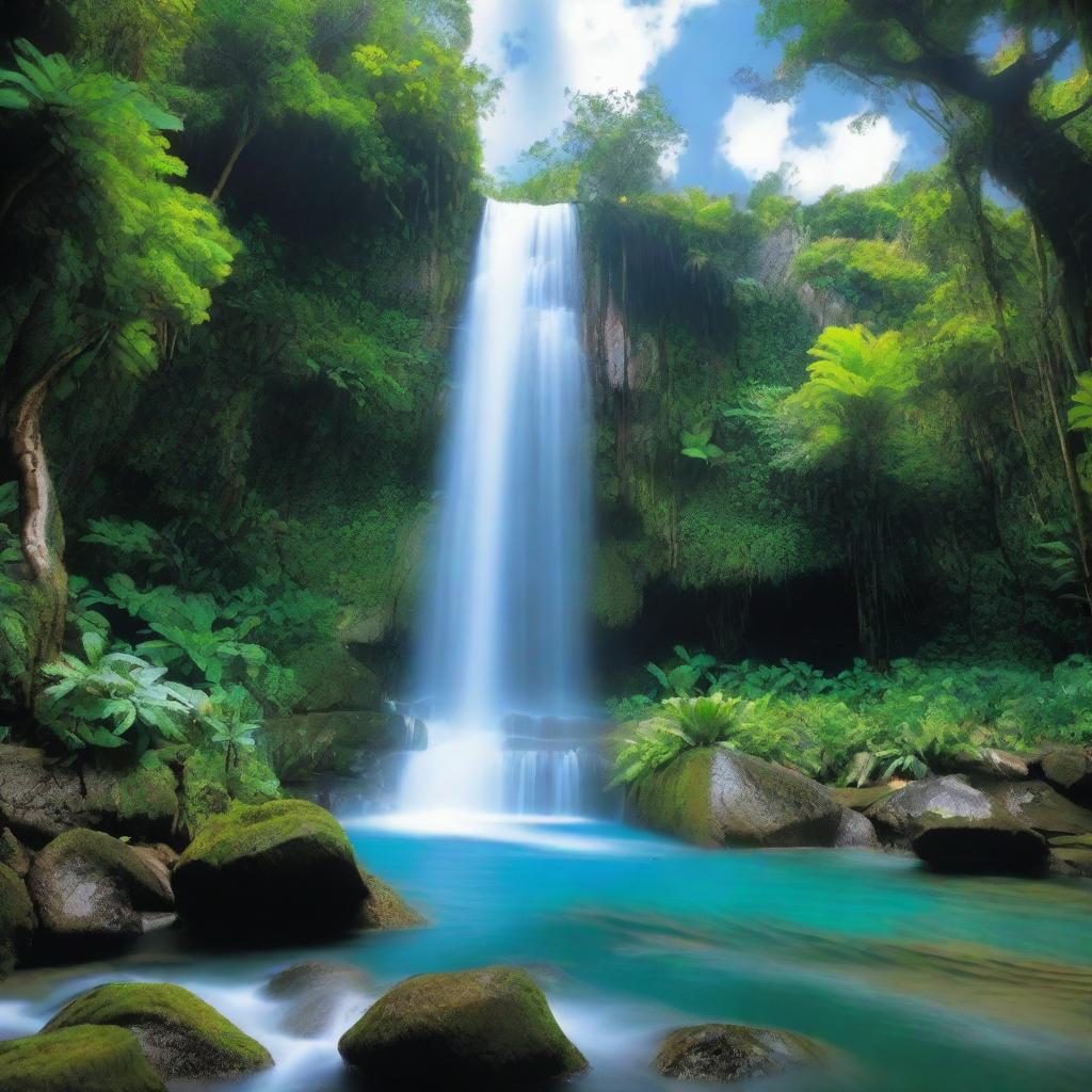 A tropical scene with a vibrant blue waterfall cascading from an isolated mountain