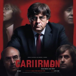 Create a thrilling poster featuring the face of Carles Puigdemont prominently in the center of the image