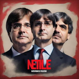 Create a thrilling poster featuring the face of Carles Puigdemont prominently in the center of the image, with Pedro Sanchez on one side and King Felipe VI on the other