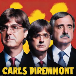 Create a thrilling poster featuring the face of Carles Puigdemont prominently in the center of the image, with Pedro Sanchez on one side and King Felipe VI on the other