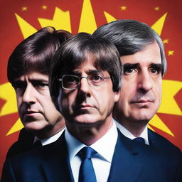 Create a thrilling poster featuring the face of Carles Puigdemont prominently in the center of the image, with Pedro Sanchez on one side and King Felipe VI on the other