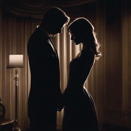 A dark and passionate scene featuring a mysterious young billionaire and a woman in a dress