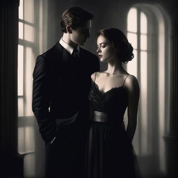 A dark and passionate scene featuring a mysterious young billionaire and a woman in a dress