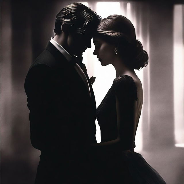 A dark and passionate scene featuring a mysterious young billionaire and a woman in a dress