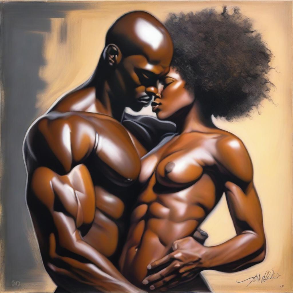 A polished oil-based painting depicting a full body view of a sexy, muscular, bald-headed black man intimately holding a beautiful black woman with an afro