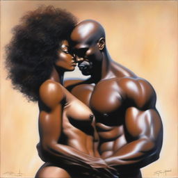 A polished oil-based painting depicting a full body view of a sexy, muscular, bald-headed black man intimately holding a beautiful black woman with an afro