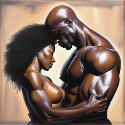 A polished oil-based painting depicting a full body view of a sexy, muscular, bald-headed black man intimately holding a beautiful black woman with an afro