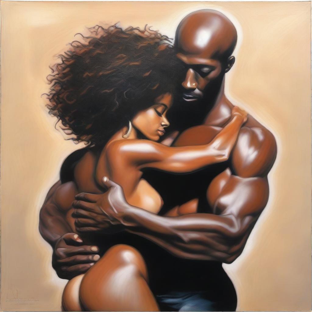 A polished oil-based painting depicting a full body view of a sexy, muscular, bald-headed black man intimately holding a beautiful black woman with an afro