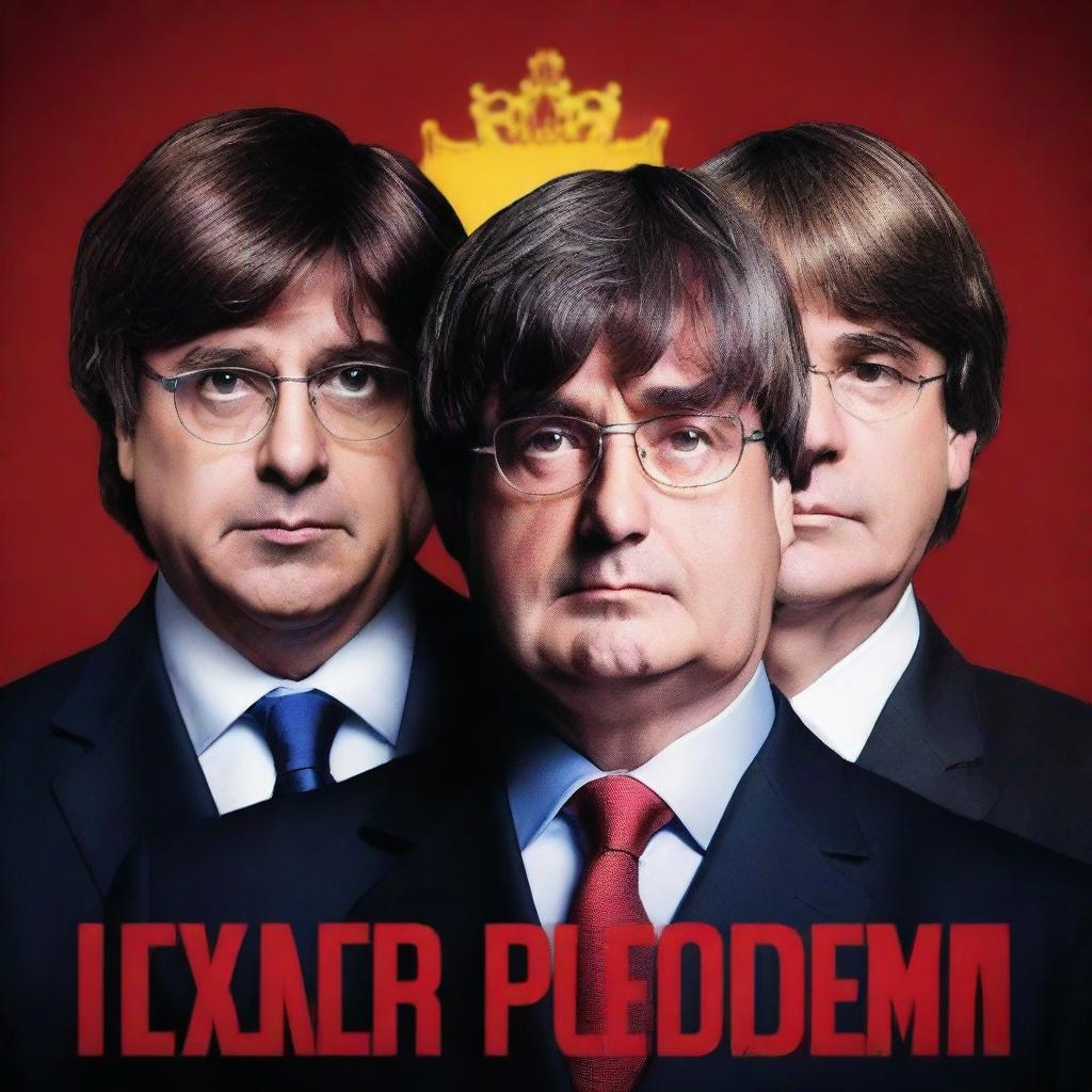 Create a thrilling poster featuring the face of Carles Puigdemont prominently in the center of the image, with the Spanish Prime Minister on one side and the Spanish King on the other