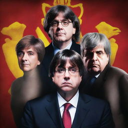 Create a thrilling poster featuring the face of Carles Puigdemont prominently in the center of the image, with the Spanish Prime Minister on one side and the Spanish King on the other