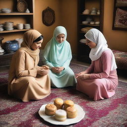 Three veiled women sit on the floor in a warm, inviting room, engaged in a lively discussion as they form Eid cakes