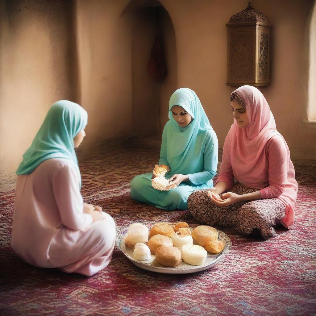 Three veiled women sit on the floor in a warm, inviting room, engaged in a lively discussion as they form Eid cakes